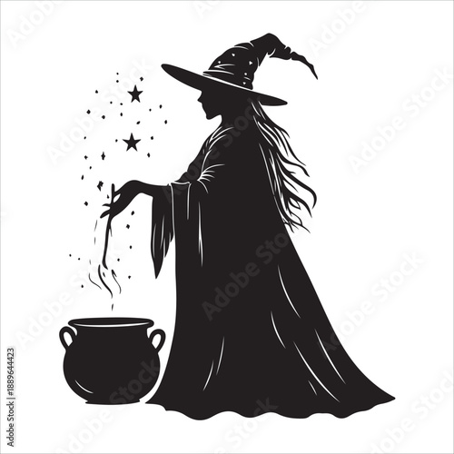 halloween witch with a broom, Halloween Witch cooking Cauldron silhouette vector graphic, Witch stirring cauldron with stars potion magic, Witch cauldron silhouette, potion cooking vector