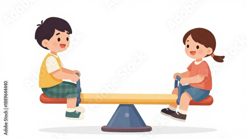 Cartoon illustration of a boy and a girl playing on a seesaw together with happy expressions, symbolizing friendship and outdoor activities.