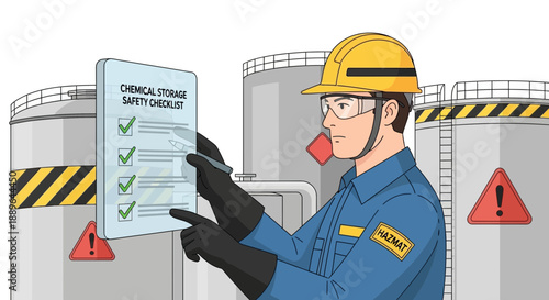 Industrial worker in hard hat and safety glasses checking chemical storage safety.