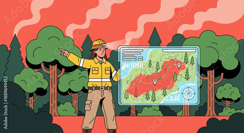 Firefighter analyzing wildfire map on a digital screen.