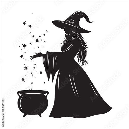 halloween witch with a broom, Halloween Witch cooking Cauldron silhouette vector graphic, Witch stirring cauldron with stars potion magic, Witch cauldron silhouette, potion cooking vector