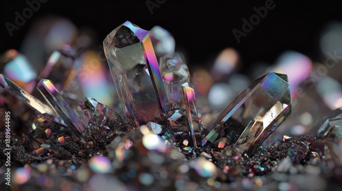 Colorful crystal cluster shows different shapes and reflections in bright light during a close-up view of natural minerals on a dark background