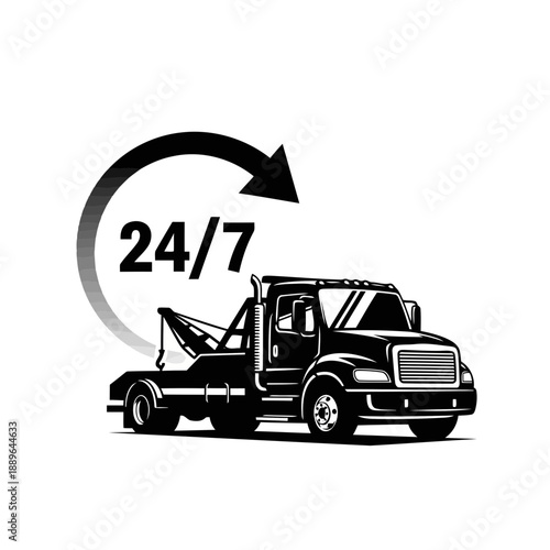 Black silhouette of a 247 tow truck service icon with arrow for emergency or roadside assistance concepts