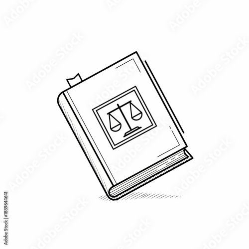 A black and white line drawing of a law book with a scale on the cover lying on its side