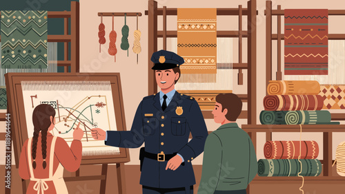 Police officer explaining a map to two individuals in a museum setting.