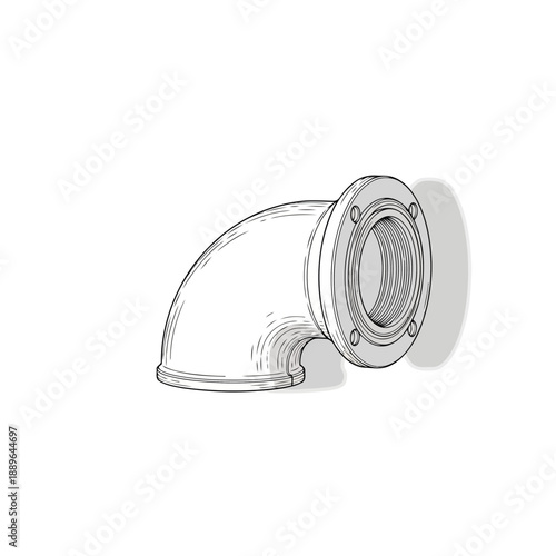 Sketch of a curved metal pipe fitting with flange