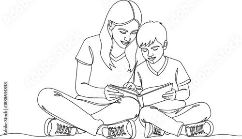 Minimal line art mother reading book with child, continuous outline illustration of family bonding, education, learning, and quality time concept for modern design use