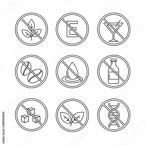 Set of nine icons indicating prohibited food and drink items in line art style