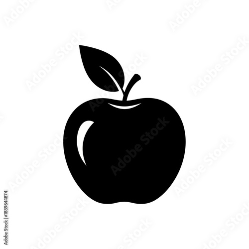 Solid black silhouette of a fresh apple with leaf on top