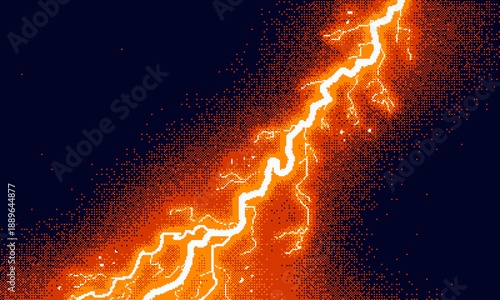 Pixel art lightning bolt with glowing orange sparks on dark night sky background