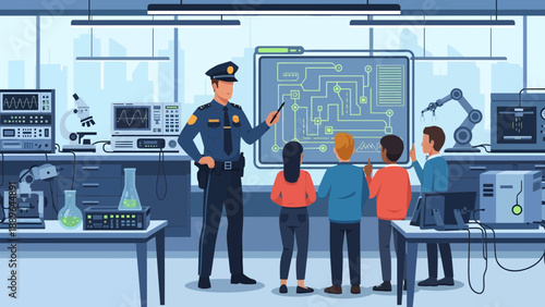 Police officer teaching children about technology and science in a lab.