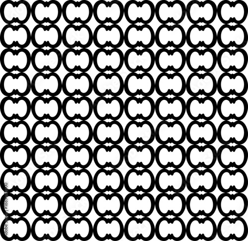 Seamless abstract pattern with black geometric apple core shapes and symmetrical fruit motifs