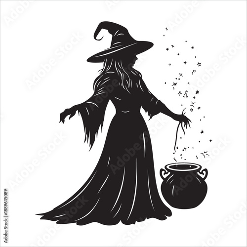 halloween witch with a broom, Halloween Witch cooking Cauldron silhouette vector graphic, Witch stirring cauldron with stars potion magic, Witch cauldron silhouette, potion cooking vector