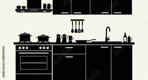 Modern Kitchen Silhouette With Appliances And Utensils.