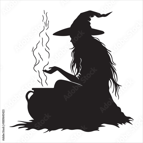 halloween witch with a broom, Halloween Witch cooking Cauldron silhouette vector graphic, Witch stirring cauldron with stars potion magic, Witch cauldron silhouette, potion cooking vector