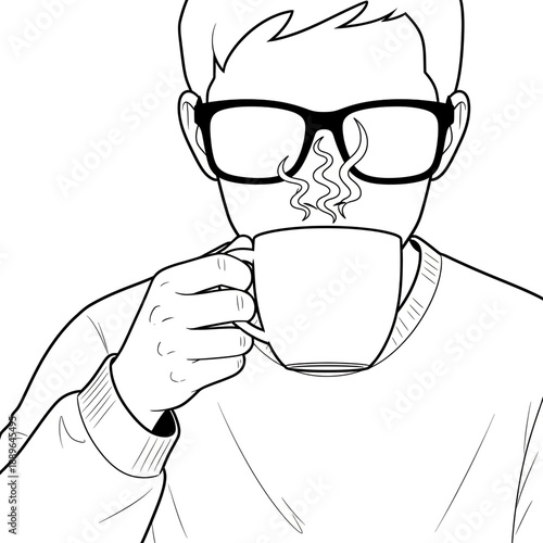 Man Wearing Glasses Drinking Hot Coffee From Mug with Steam Rising