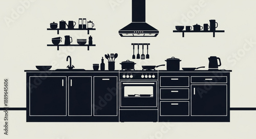 Modern Kitchen Silhouette With Appliances And Utensils.