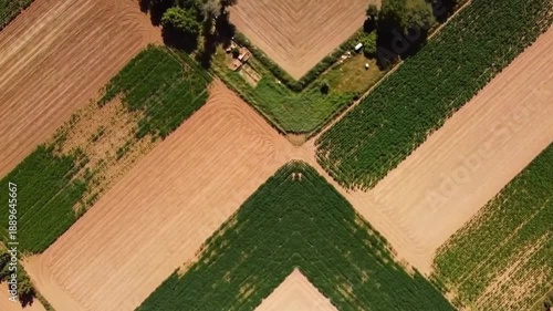 Vertical aerial shot of agricultural fields forming perfect geometric patterns, natural symmetry, vibrant earth tones, abstract landscape, smooth drone movement
