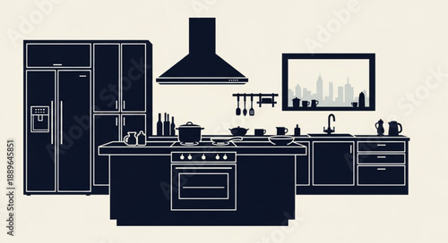 Modern Kitchen Silhouette with Appliances and Window View.