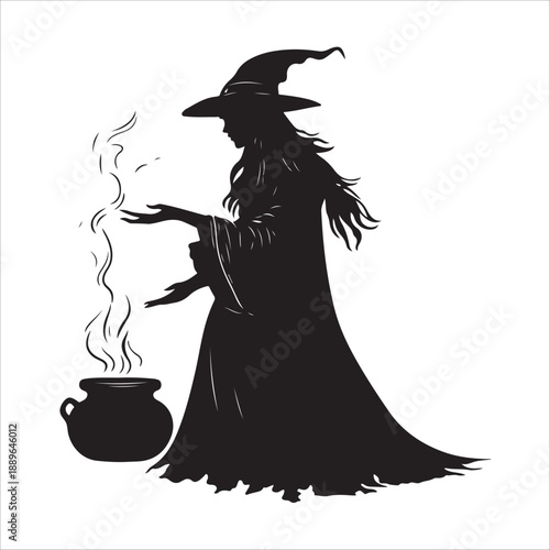 halloween witch with a broom, Halloween Witch cooking Cauldron silhouette vector graphic, Witch stirring cauldron with stars potion magic, Witch cauldron silhouette, potion cooking vector