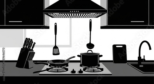 Modern Kitchen Interior with Cooking Utensils and Appliances.