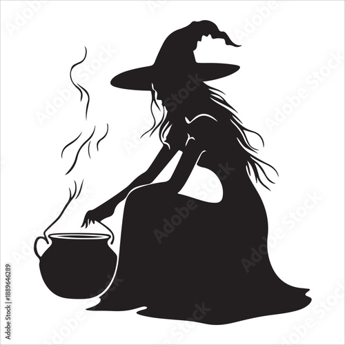 halloween witch with a broom, Halloween Witch cooking Cauldron silhouette vector graphic, Witch stirring cauldron with stars potion magic, Witch cauldron silhouette, potion cooking vector