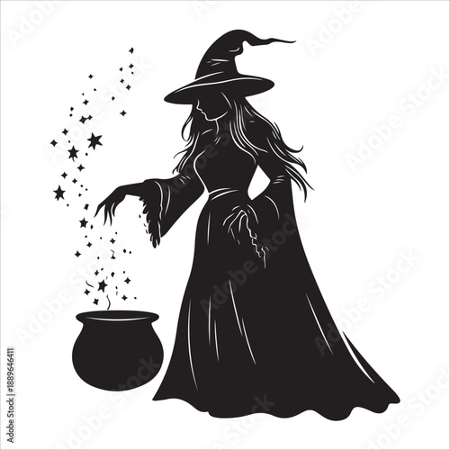 halloween witch with a broom, Halloween Witch cooking Cauldron silhouette vector graphic, Witch stirring cauldron with stars potion magic, Witch cauldron silhouette, potion cooking vector