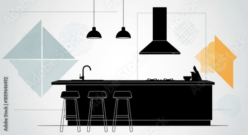 Modern Kitchen Island Silhouette with Stools and Hood.