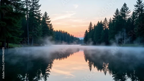 Calm forest lake reflecting trees during peaceful sunrise
