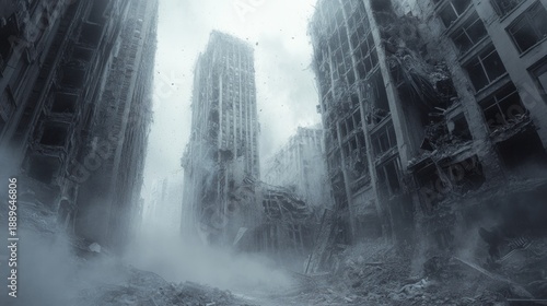 Crumbling city with damaged skyscrapers, shrouded in smoke, depicting post-apocalyptic scene