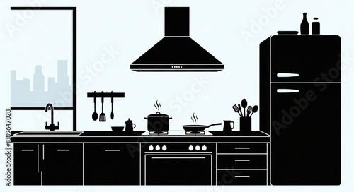 Modern Kitchen Silhouette Interior Design Illustration.