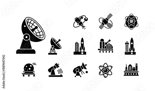 Explore the universe with this comprehensive vector icon collection of astronomical equipment and space technology, symbolizing scientific discovery and celestial observation