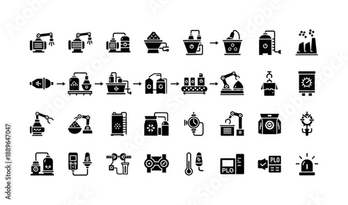 Industrial production process icons representing manufacturing, automation, and quality control in a factory setting