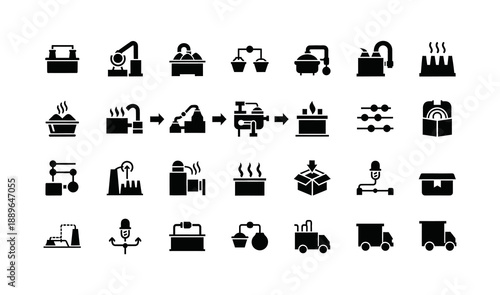 A comprehensive collection of solid black vector icons depicting various stages of industrial production, manufacturing, food processing, and supply chain logistics, suitable for digital projects