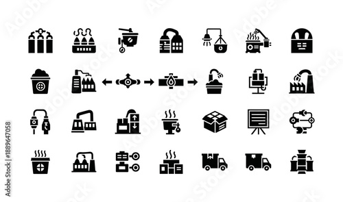 Collection of Icons Representing Manufacturing and Production Processes and Equipment