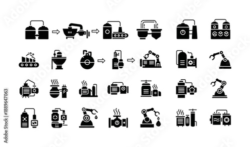 Industrial Process Icons Set Featuring Manufacturing, Automation, and Chemical Production Elements
