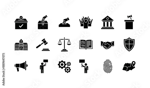 Vector icon pack illustrating concepts of justice, government, human rights, and social order with diverse legal and political glyphs for graphic design