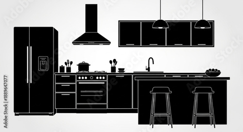 Modern Kitchen Silhouette With Appliances and Cabinets.