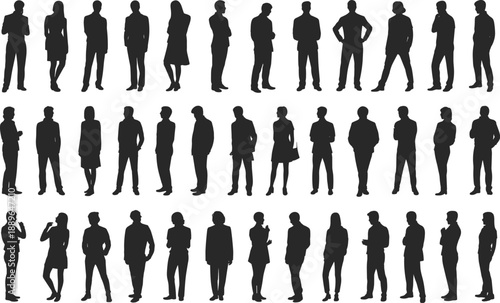 Business people silhouettes collection with men and women in professional standing poses, corporate characters isolated on white background for design