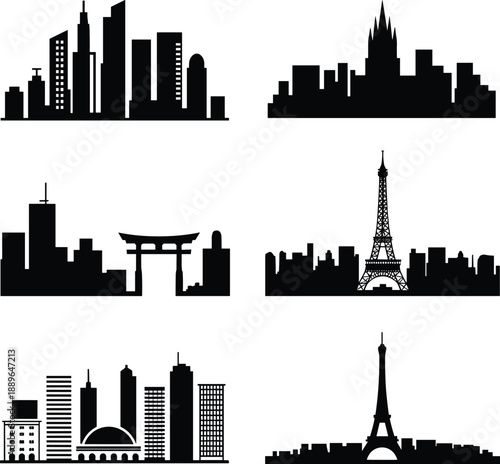 City skyline silhouettes, global architecture grid, iconic landmarks, Tokyo Paris New York Moscow Brasília, black shadow, vector art, minimal style, travel concept, urban profile