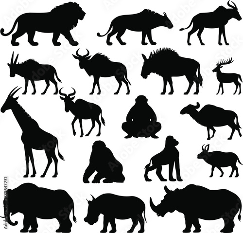 African wildlife silhouette collection featuring lion elephant giraffe rhino antelope monkey poses, safari animal vector icons isolated on white background