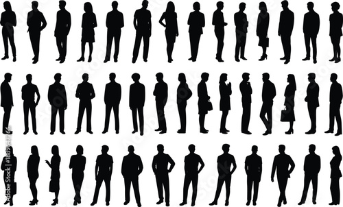 Business people silhouettes collection in professional standing poses, men and women corporate characters isolated on white background for office design