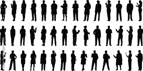 Business people silhouette collection showing men and women standing discussing professional poses, corporate human vector icons isolated on white background