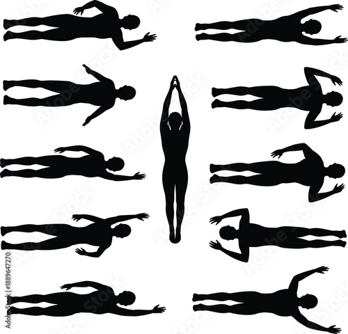 Swimming man silhouettes set in different freestyle poses, male swimmer body positions isolated on white background for sport illustration design