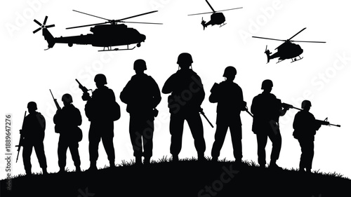 Military silhouettes, armed soldiers, helicopter patrol, black vector, tactical scene, defense stance, aerial support, combat readiness, hill formation, war concept