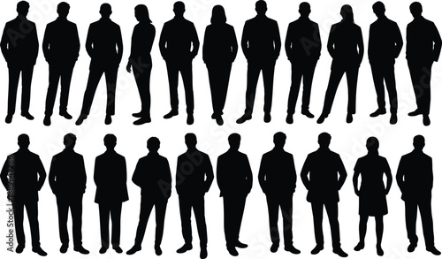 Business people silhouettes standing in confident professional poses, corporate men and women characters isolated on white background for office design