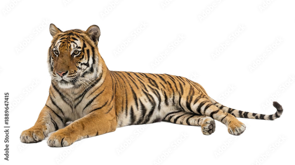 Obraz premium A majestic Indochinese tiger lies down on a seamless transparent background, looking alert.