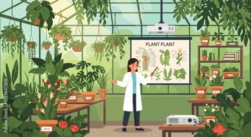 Female scientist presenting plant biology in a greenhouse 1.