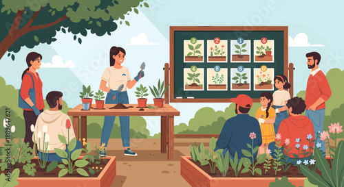 Gardening workshop with instructor teaching adults and children about plants.