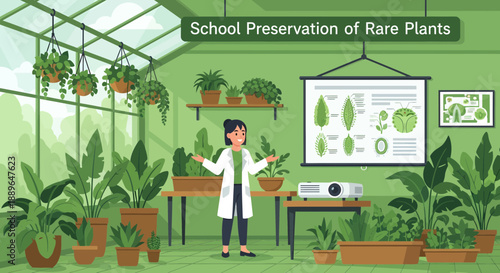 Female scientist teaching about rare plant preservation in a greenhouse.